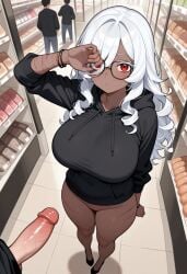 ai_generated big_breasts black_skin chubby chubby_female cookiasncream cut cutting dark-skinned_female exhibitionism exhibitionist exposed_penis glasses huge_breasts iron_black_skinned_female kaybur_(series) large_breasts market marketplace nerd nerdy_female penis penis_out scar scars small_penis supermarket white_eyebrows white_eyelashes yehda_(character)