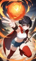 ai_generated antlers beach black_hair elf_ears eye_contact female gloves pixie_cut red red_eyes red_gloves seductive_expression short_hair smirk smug_expression stripper teasing usebackdooronly