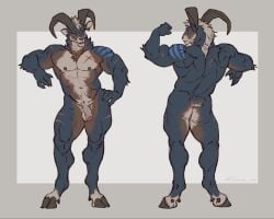 2_horns 4_fingers abs anthro big_biceps bovid caprine fingers foreskin fur genitals hi_res horn male mammal multi_horn muscular muscular_male nipples nude pecs penis realistic sheep solo taran_fiddler