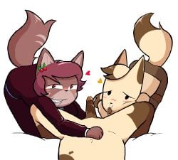 anthro bent_over blush bodily_fluids bottomwear brown_body brown_fur canid canine cara_(ssdh) cherry clothing collaborative collaborative_oral collaborative_sex digital_drawing_(artwork) digital_media_(artwork) dot_eyes drooling duo erection felid feline female first_person_view food fox fruit fur genitals group hand_on_belly heart_symbol legwear looking_at_viewer male male/female mammal penis plant raised_tail saliva salt_(ssdh) salty_(ssdh) simple_eyes skirt smile smiling_at_viewer smirk smirking_at_viewer spots ssdh stripes suit tail tan_body tan_fur thigh_highs trio