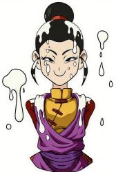 2d asian asian_female chichi chichi_(majin_buu_saga) cum cum_on_clothes cum_on_face cum_on_wall cumshot cumshot_on_face cumshot_on_hair cumshots dragon_ball dressed female full_color fully_clothed japanese_clothing japanese_female looking_at_viewer looking_up no_penetration smile solo solo_female solo_focus white_background