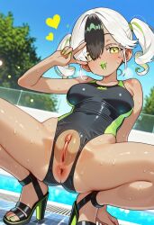 ai_generated anus ass asshole asshole_focus below_view black_hair breasts civitai clouds cloudy cookiasncream dark-skinned_female exposed_pussy female green_lipstick heels la_gran_guerra_(series) medium_breasts pool pussy sky swimsuit twintails white_eyes yellow_eyes