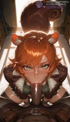 1boy 1girls :>= abs ai_generated animal_ears belt blush breasts brown_jacket cropped_jacket dark-skinned_male dark_penis dark_skin erection fellatio female freckles fur-trimmed_jacket fur_trim gloves green_eyes heart interracial jacket large_penis lips looking_at_viewer male marvel marvel_comics marvel_rivals medium_breasts meitabuu navel oral orange_hair penis pov pov_crotch short_hair shorts solo_focus squirrel_ears squirrel_girl squirrel_girl_(marvel) squirrel_girl_(marvel_rivals) squirrel_tail straight tail thighhighs uncensored veins veiny_penis