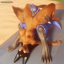 1:1 3d_(artwork) absurd_res anthro anubis_(furromantic) anubis_(pal) blender_(artwork) blender_cycles breasts canid canine crossover cunnilingus digital_media_(artwork) duo female female/female fluffy generation_4_pokemon genitals hi_res leg_grab licking looking_up lucario mammal marianokun nintendo nipples open_mouth oral pal_(species) palworld pocketpair pokemon pokemon_(species) pussy sex smile thigh_grab tongue vaginal_penetration vulva