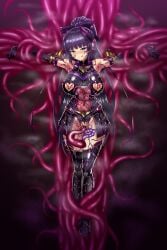absurdres black_gloves black_hair black_thighhighs blue_eyes blue_trim blunt_bangs blush bound bow breasts clenched_teeth closed_mouth clothing_cutout corruption crotch_cutout crucifixion dark_persona elbow_gloves element_venus female full_body gloves hairbow high_ponytail highres horns kisaragi_nozomi large_breasts large_variant_set latex leotard living_clothes long_hair looking_at_viewer nipple_cutout nippleless_clothes nipples outstretched_arms ponytail purple_hair pussy pussy_juice restrained see-through_clothes shinsou_seiki_elementia sirano smile solo spread_arms steam steaming_body sweat tattoo teeth tentacle tentacle_pit tentacle_sex thighhighs tongue tongue_out torn_clothes vaginal_penetration variant_set