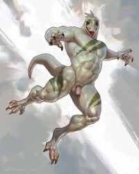 abs anthro biceps big_muscles claws flaccid genitals hi_res huge_muscles humanoid_genitalia humanoid_penis lizard looking_at_viewer male muscles muscular muscular_anthro muscular_male nude open_mouth pecs penis reptile scales scalie snoh solo tail taran_fiddler teeth tongue vein