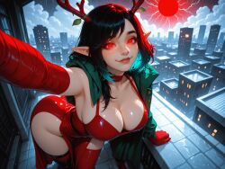 ai_generated antlers black_hair blush elf_ears eye_contact female flirty pixie_cut provocative_pose red red_eyes seductive_expression short_hair smile suggestive sultry teasing usebackdooronly zombiegamerist