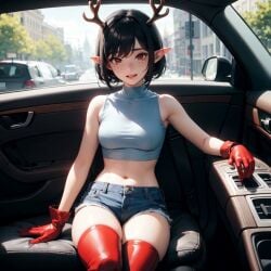 ai_generated antlers beach black_hair elf_ears eye_contact female gloves pixie_cut red red_eyes red_gloves seductive_expression short_hair smirk smug_expression stripper teasing usebackdooronly