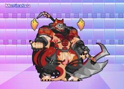 abs animated anthro armpit_hair balls bara barazoku belly_hair body_hair bracelet canid canine canis cape chain_necklace chains chest_hair chest_tuft clothing costume digital_media_(artwork) ear_piercing ear_ring feet fire genital_piercing genitals gradient_background hair hairy_balls happy_trail humanoid_genitalia humanoid_penis idle_animation jewelry legwear long_ears loop m.u.g.e.n male male_only mammal mask moobs morinetsu mugen multicolored_body muscular muscular_anthro muscular_male necklace nipple_piercing nipples penis penis_piercing piercing pixel_(artwork) pixel_animation pubes ren_(daikitei) ring_piercing simple_background solo tail thigh_highs tuft weapon wolf
