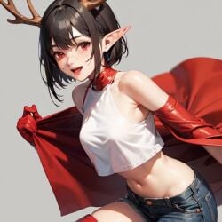 ai_generated antlers beach black_hair elf_ears eye_contact female gloves pixie_cut red red_eyes red_gloves seductive_expression short_hair smirk smug_expression stripper teasing usebackdooronly