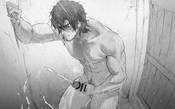 1boy abs armpit_hair bangs bangs_over_eyes bathroom beard_stubble big_penis black_and_white blush censor_bar censored censored_penis clenched_teeth closed_eyes collarbone completely_nude cracked_wall cracks cum cum_drip cum_explosion cum_fountain cum_on_penis cum_on_wall cum_splatter cum_string cum_trail curly_hair dark_hair ejaculation erection excessive_cum eyebrows_visible_through_hair foreskin foreskin_folds gay grey_scales haiki396g haiki_(tegusu) happy_trail hi_res high-angle_view holding_penis indoors intense_orgasm jerking leaning_forward leg_hair long_cumshot long_hair looking_pleasured lucas_(norn's_dine) male male_only masturbation mature_male monochrome muscles muscular muscular_arms muscular_legs muscular_male muscular_thighs norn's_dine orgasm pecs penis pointless_censoring pubic_hair resisting_orgasm retracted_foreskin semen shower shower_room showering six_pack solo standing thick_penis tough_guy uncircumcised uncut veiny_penis wanking wet wet_body wince wooden_door yaoi