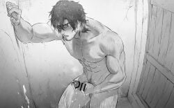 1boy abs after_orgasm armpit_hair bangs bangs_over_eyes bathroom beard_stubble big_penis black_and_white blush censor_bar censored censored_penis collarbone completely_nude cracked_wall cracks cum cum_drip cum_on_hand cum_on_leg cum_on_penis cum_on_self cum_on_wall cum_splatter cum_string curly_hair dark_hair dripping dripping_cum erection eyebrows_visible_through_hair foreskin foreskin_folds gay grey_scales haiki396g haiki_(tegusu) half-closed_eyes happy_trail hi_res high-angle_view holding_penis indoors jerking leaning_forward leg_hair long_hair looking_pleasured lucas_(norn's_dine) male male_only masturbation mature_male monochrome muscles muscular muscular_arms muscular_legs muscular_male muscular_thighs norn's_dine pecs penis pointless_censoring pubic_hair retracted_foreskin semen shower_room six_pack solo standing sticky_cum thick_cum thick_penis tough_guy uncircumcised uncut veiny_penis wanking wet wet_body wooden_door yaoi