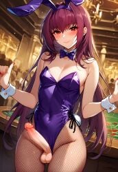 ai_generated blush bunnysuit casino casino_table erect_penis exposed_penis femboy genderswap_(ftm) male penis scathach scathach_(fate) scathach_(piercing_bunny) sissydavid trap