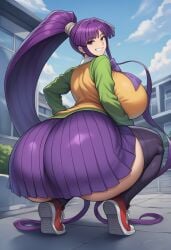 1girls ai_generated alternate_breast_size ass ass_bigger_than_head back back_view bangs big_ass big_breasts bow bowtie breasts building bush clothing cloud curvy day eiken eyebrows_visible_through_hair eyelashes female female_focus female_only full_body giantess gigantic_ass gigantic_breasts grin hand_on_thigh highres huge_ass huge_breasts human kirika_misono large_ass large_breasts legwear long_sleeves looking_at_viewer looking_back miniskirt open_mouth outdoors pinup plant pleated_skirt ponytail purple_eyes purple_hair red5805 school school_uniform schoolgirl seductive shiny_skin shirt shoes sidelocks skindentation skirt smile solo solo_female squatting stockings sweater teeth thick_thighs thighhighs thighs tied_hair very_long_hair voluptuous
