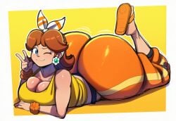 :3 ai_generated arched_back arms_up ass bandana bent_over big_ass booty brown_hair crown dumptruck_ass dumptruck_butt gigantic_ass hips huge_ass large_ass laying laying_down lubbasdump mario_(series) massive_ass princess_daisy smug super_mario_bros. widescreen