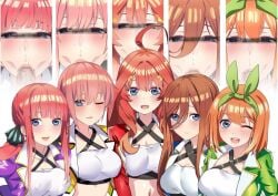 5girls :>= ;d ahoge alternate_costume blue_jacket blush breasts brown_hair butterfly_hair_ornament censored closed_mouth commentary_request criss-cross_halter cropped_jacket female go-toubun_no_hanayome green_hairband green_jacket hair_ornament hairband halterneck jacket large_breasts long_hair looking_at_viewer mosaic_censoring multiple_girls nakano_ichika nakano_itsuki nakano_miku nakano_nino nakano_yotsuba navel one_eye_closed open_mouth orange_hair pink_hair purple_jacket quintuplets red_hair red_jacket short_hair siblings sisters smile teeth toranpo_rintarou upper_teeth_only yellow_jacket