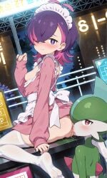 1boy 1girls ai_generated dot_(pokemon) female female_human/male_pokemon gallade human licking_ass licking_pussy maid_outfit maid_uniform male male_pokemon/female_human multicolored_hair one_eye_covered pink_hair pokemon pokemon_(anime) pokemon_(species) pokemon_horizons pokephilia purple_eyes purple_hair pussy_juice showing_ass small_breasts