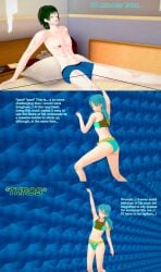 2boys 3d abs blue_hair bulge english_text femboy giant_male green_hair huge_bulge koikatsu looming male muscular muscular_male oc original original_character riley_fembo shrinking shrunken_male size_difference text underwear xavier_huge xavierhuge zoom_in
