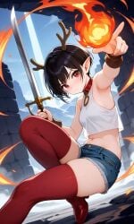 ai_generated antlers beach black_hair elf_ears eye_contact female gloves pixie_cut red red_eyes red_gloves seductive_expression short_hair smirk smug_expression stripper teasing usebackdooronly