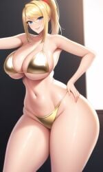 ai_generated bikini blonde_hair blue_eyes curvy curvy_figure gigantic_breasts gold_bikini hand_on_hip huge_ass huge_breasts huge_hips looking_at_viewer metroid nai_diffusion ponytail samus_aran seductive_smile shiny_bikini shiny_hair shiny_skin shiny_thighs stable_diffusion thick_thighs thunder_thighs voluptuous wide_hips