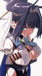 1boy 1girls animated arms_under_breasts bar_censor black_sleeves blue_eyes blue_hair blush bow bow_earrings breasts censored chain_headband chains cleavage commentary crossed_arms detached_sleeves disembodied_penis earrings erection female hair_intakes halo heart-shaped_gem highres hololive hololive_english jewelry large_breasts mechanical_halo ouro_kronii ouro_kronii_(1st_costume) paid_reward_available penis penis_under_another's_clothes precum ribbon_earrings short_hair sideboob simple_background standing sweat tagme takita_(morokosi8) veil vertical_video video virtual_youtuber white_background