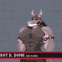 1:1 animated anthro anthro_pred anthro_prey arm_tattoo asinus big_muscles bottomwear caption cigar cigar_in_mouth clothing digital_media_(artwork) donkey equid equine facial_hair hair hat headgear headwear hiding_vore huge_muscles long_hair male male_pred mammal muscular muscular_male nephiclav news news_report object_in_mouth pants pectoral_vore pixel_(artwork) pixel_animation red_eyes roy_d._donk shirt short_playtime struggling tank_top tattoo topwear unwilling_prey vore willing_pred