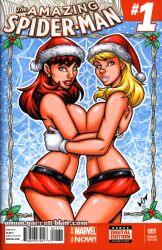 2015 2girls big_breasts blonde_hair blue_eyes breasts breasts_to_breasts breasts_together breasts_touching christmas earrings female garrett_blair gloves green_eyes gwen_stacy gwen_stacy_(classic) half_naked half_nude human human_only light_skin lips marvel marvel_comics mary_jane_watson microskirt miniskirt pearl_bracelet posing posing_for_the_viewer red_hair red_skirt santa_hat spider-man_(series) topless touching_back white_gloves