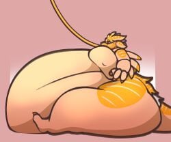 2023 4_ears avali avian balls chubby fat giant hose huge huge_belly huge_butt hyper hyper_inflation inflation inflation_fetish lilylilly male male_(lore) navel nude obese orange_eyes overweight penis sashimi_(avali) solo thicc winged_arms wings yellow_feathers