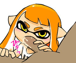 1girls anthro blush cephalopod cephalopod_humanoid clothed_female_nude_male cum cum_in_mouth dark-skinned_male fellatio female female_focus hand_on_penis hand_on_thigh humanoid inkling inkling_girl kaori_(splatoon) looking_at_viewer male male/female male_pov mask_(marking) nintendo oral orange_hair penis pointy_ears pov solo_focus splatoon squid straight tentacle tentacle_hair tukadanobuo white_background yellow_eyes