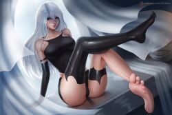 1girls ankles arduin_(arduin_art) arm_gloves ass black_arm_gloves black_elbow_gloves black_gloves black_legwear black_leotard black_stockings black_thigh_highs black_thighhighs black_topwear blue_eyes blue_eyes_female breasts calves closed_mouth_smile collarbone digital_drawing digital_media elbow_gloves feet feet_up female female_focus female_only foot_focus full_body gloves groin hair_between_eyes heels high_resolution highres hourglass_figure knees large_breasts lean_figure legs legs_up legwear leotard lips long_hair looking_at_viewer narrow_waist nier nier:_automata nier_(series) shoulders sitting slender_body slender_waist slim_waist smile smiley_face smiling smiling_at_viewer smirk soles solo stockings thigh_highs thighhighs thighs toes topwear white_eyebrows white_hair white_hair_female wide_hips yorha_a2