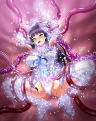 absurdres armpits arms_up ass black_hair blue_eyes blue_trim blunt_bangs blush boots bow breasts cosplay covered_navel covered_nipples elbow_gloves element_venus female full_body gloves glowing hairbow high_heel_boots high_heels highres imminent_rape impossible_clothes kisaragi_nozomi large_breasts large_variant_set leotard long_hair magical_girl multicolored_gloves open_mouth pubic_tattoo restrained shinsou_seiki_elementia shiny_skin sirano skin_tight solo spread_legs tattoo tentacle tentacles_under_clothes thigh_boots thighhighs thighs variant_set white_bow white_gloves white_leotard