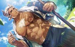 1boy abs bara bare_breasts beard_stubble beefy big_areola big_breasts black_eyes black_hair bovine bovine_ears bovine_horn bovine_humanoid bovine_tail breasts breasts_bigger_than_head bulge bulge_through_clothing chest_tuft cloud curved_horn daddy dark_skin dilf dutch_angle gay gozu_farm grass hi_res holding_object holding_stick holding_water_bottle huge_breasts humanized hunk japanese_clothes jinbei_(clothing) leaf looking_at_viewer male male_breasts male_only manly mature_male morning multicolored_hair muscles muscular muscular_male navel norn's_dine open_clothes oppai pecs print_clothing pubic_tuft scar scar_across_eye scar_on_chest scar_on_face scar_on_nose scar_on_stomach shido_(norn's_dine) short_hair sideburns six_pack sky solo standing sweat sweatdrop sweating sweaty tail tattoo tattoo_on_belly tattoo_on_chest tattoo_on_face thick thick_eyebrows thick_neck tough_guy towel towel_around_neck tree tuft two_tone_hair very_sweaty water_bottle white_hair yaoi