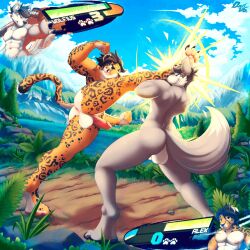 1:1 abs anthro anus ass athletic athletic_anthro athletic_male balls brown_hair brown_spots cheek_tuft digitigrade duo dustythebat erection facial_tuft felid fur gameplay_mechanics genitals grey_body grey_fur gui hair half-closed_eyes health_bar hi_res humanoid_genitalia humanoid_penis jaguar kick male mammal markings multicolored_body multicolored_fur muscle_tone muscles narrowed_eyes nude_fight pantherine pawpads paws pecs penis perineum pink_pawpads smile smirk smug smug_face smug_grin spots spotted_body spotted_fur spotted_markings tuft two_tone_body two_tone_fur white_body white_fur yellow_body yellow_fur