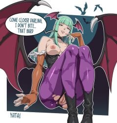 animal_print bat_print breasts capcom crossed_legs darkstalkers demon demon_girl female green_hair head_wings heart_cutout leotard long_hair morrigan_aensland nipples pantyhose print_pantyhose purple_pantyhose pussy sitting solo succubus wings yatagarasunopen yatagarasupen