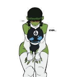 ... alternate_costume avengers big_breasts blush breasts elbow_gloves english_text fantastic_four fingerless_gloves green-skinned_female green_hair green_skin hair_over_eyes jennifer_walters large_breasts leaning_forward leotard marvel she-hulk shy straight_hair t1tans90 thick_thighs thigh_gap thighhighs white_gloves white_thighhighs wide_hips