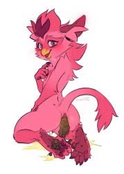 anthro anus arm_tuft ass avian beak bodily_fluids cheek_tuft chest_tuft facial_tuft feces feces_on_body feces_on_feet feces_on_ground feet femboy genital_fluids genitals glistening glistening_eyes hi_res inner_ear_fluff kneeling looking_at_viewer lostgoose male male_anthro nude open_mouth peeing penis penis_tip pink_body pink_inner_ear_fluff pink_tail purple_eyes red_anus red_ears red_penis red_tongue scat shoulder_tuft simple_background solo tail tongue tuft urine urine_on_ground watersports white_background yellow_beak