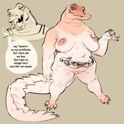 2025 alligator alligatorid anthro beatrix_(glacierclear) belly_tattoo breasts claws crocodilian dialogue english_text female finger_claws genitals glacierclear hi_res leucistic mature_female nipples non-mammal_breasts nude reptile scales scalie sharp_teeth snaggle_teeth solo southern_accent suntan tan_line tanned tattoo teeth text toe_claws vulva white_body white_scales yellow_sclera