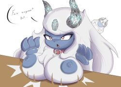 absol anthro big_breasts black_horn blue_body blue_nipples blue_skin bouncing_breasts breasts claws collar cracked_horns cracks eyelashes fair_argument_but… female fluffy fur furniture generation_3_pokemon glowing hi_res horn lewd_lorraine lorraine_(absol) nintendo nipples open_mouth paws pokemon pokemon_(species) red_collar red_eyes signature simple_background solo speech_bubble table text watermark white_body white_fur