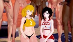2girls 3d 5boys arrancon big_breasts black_hair black_hair_female blonde_female blonde_hair bloomers buruma busty cleavage clothed_female dark-skinned_male female flaccid gym_clothes gym_shorts gym_uniform large_breasts legs long_hair long_hair_female looking_at_viewer male midriff navel nude_male ponytail purple_eyes red_highlights ruby_rose rwby shorts silver_eyes sisters smile sports_bra sportswear thighs toned voluptuous yang_xiao_long