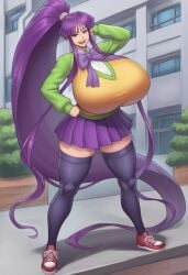 1girls ai_generated alternate_breast_size bangs big_breasts bow bowtie breasts building bush clothing curvy day eiken eyebrows_visible_through_hair eyelashes female female_focus female_only full_body gigantic_breasts hand_on_hip hands_behind_head highres huge_breasts human hyper hyper_breasts kirika_misono large_breasts legwear long_sleeves looking_at_viewer miniskirt open_mouth outdoors pinup plant pleated_skirt ponytail purple_eyes purple_hair red5805 school school_uniform schoolgirl seductive shiny_skin shirt shoes sidelocks skindentation skirt smile solo solo_female stockings sweater teeth thick_thighs thighhighs thighs tied_hair tongue very_long_hair voluptuous