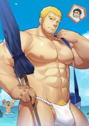 2boys abs armpit_hair ass_visible_through_thighs bag bara beard beefy biceps big_areola big_breasts big_bulge black_hair blonde_hair blue_eyes breasts breasts_bigger_than_head broad_shoulders bulge bulge_through_clothing cloud collarbone crab daddy dilf eight_pack flaccid fundoshi fundoshi_only funny_face gay goatee gozu_farm hi_res holding_object huge_breasts hunk looking_at_viewer male male_breasts male_only manly mature_male morning muscles muscular muscular_arms muscular_legs muscular_male muscular_thighs navel neutral_expression octopus oppai original original_character outdoors parasol pecs pubic_hair pubic_hair_peek pubic_tuft quadriceps rokushaku_fundoshi sea seagull seaside short_hair six_pack sky standing thick thick_arms thick_eyebrows thick_neck thick_thighs tight_clothing topless tough_guy triceps wet_fundoshi white_fundoshi yaoi