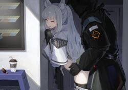 1boy 1girls against_wall ambiguous_penetration animal_ears arknights blush closed_eyes clothed doctor_(arknights) female gloves heavy_breathing horse_ears indoors kemonomimi leaning_forward light-skinned_female light_skin locker_room lockers long_hair male medicine_bottle open_mouth partially_clothed platinum_(arknights) sex skirt_down standing straight tail uniform white_hair yokosuji_coyote