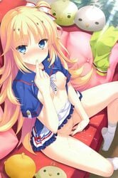 1girls blonde_hair blue_eyes blush breasts female female_only hulotte ikegami_akane long_hair looking_at_viewer looking_up masturbation no_bra no_panties ribbon sitting skirt solo spread_legs