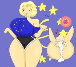 1boy 1girls 2d 2d_(artwork) 50one balls big_balls blonde_female blonde_hair breasts_bigger_than_head child_bearing_hips cum eu_flag excessive_cum hollie_all_american impregnation larger_female mating_press small_dom_big_sub smaller_male voluptuous
