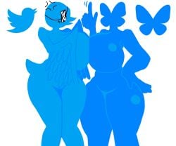 2d 2girls angry big_breasts blue_body bluesky bluesky_butterfly blush breast_press breasts breasts_pressed_together duo eyepatch feathered_wings female female_only finger_wag hand_on_hip notanalt thick_thighs thighs twitter twitter_bird wings