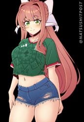 1girls arm_behind_back artist_name big_breasts breasts brown_hair busty denim denim_shorts doki_doki_literature_club female female_only green_eyes hair_ribbon hand_on_leg hand_on_own_leg hand_on_own_thigh hand_on_thigh highres large_breasts long_hair looking_at_viewer mexico midriff monika_(doki_doki_literature_club) navel ponytail pose posing ribbon short_sleeves shorts smile soccer_uniform solo sportswear torn_clothes torn_shorts very_long_hair voluptuous