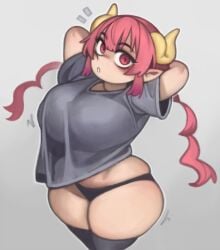 2025 2_horns animal_humanoid big_breasts black_clothing black_panties black_underwear breasts clothed clothed_female clothed_humanoid clothing curvy_figure digital_media_(artwork) dragon dragon_humanoid emanata eyebrow_through_hair eyebrows eyelashes female female_humanoid grey_clothing grey_shirt grey_topwear hair hands_behind_head hi_res horn horned_humanoid hourglass_figure huge_breasts huge_thighs humanoid humanoid_pointy_ears ilulu kelvin_hiu legwear light_body light_skin looking_at_viewer miss_kobayashi's_dragon_maid mythological_creature mythological_scalie mythology panties pink_eyes pink_hair pinup pointy_ears portrait pose scalie shirt simple_background small_waist solo thick_thighs thigh_highs three-quarter_portrait topwear translucent translucent_hair underwear white_sclera