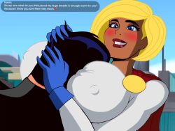 1boy 1girls 2d background batman:_the_brave_and_the_bold big_breasts blonde_hair boyfriend-girlfriend breasts busty chris_kent color couple dc dc_comics djpaint96_ii face_in_breasts female full_color giant_breasts head_between_breasts hug hug_breasts huge_breasts jon-al kara_zor-l karen_starr male nipple_bulge old_art power_girl straight superhero superheroine superprime_(dc)