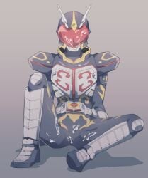 1boy after_sex antennae armor armored_male belt belt_buckle black_armor bodily_fluids bodysuit bodysuit_bulge bukkake bulge cum cum_on_armor cum_on_body cum_on_face cum_on_helmet cum_on_mask erect_penis erection erection_under_bodysuit facing_viewer hajime_aikawa heart heart_visor helmet kamen_rider kamen_rider_blade_(series) kamen_rider_chalice legs_apart legs_spread looking_at_viewer male male_focus male_only mask masked masked_male masked_only no_visible_genitalia presenting red_markings shadow sitting solo yellow_markings
