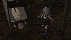 backpack bikini breasts exposed_breasts female flat_chest guillotine hololive hololive_english hololive_english_-advent- imminent_death imminent_hanging koseki_bijou large_breasts nimi_nightmare skirt twintails weird willing